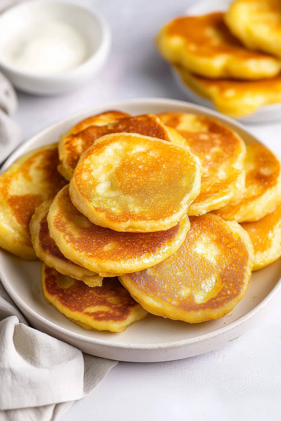 A breakfast table setting with warm, fluffy cakes and a drizzle of honey.