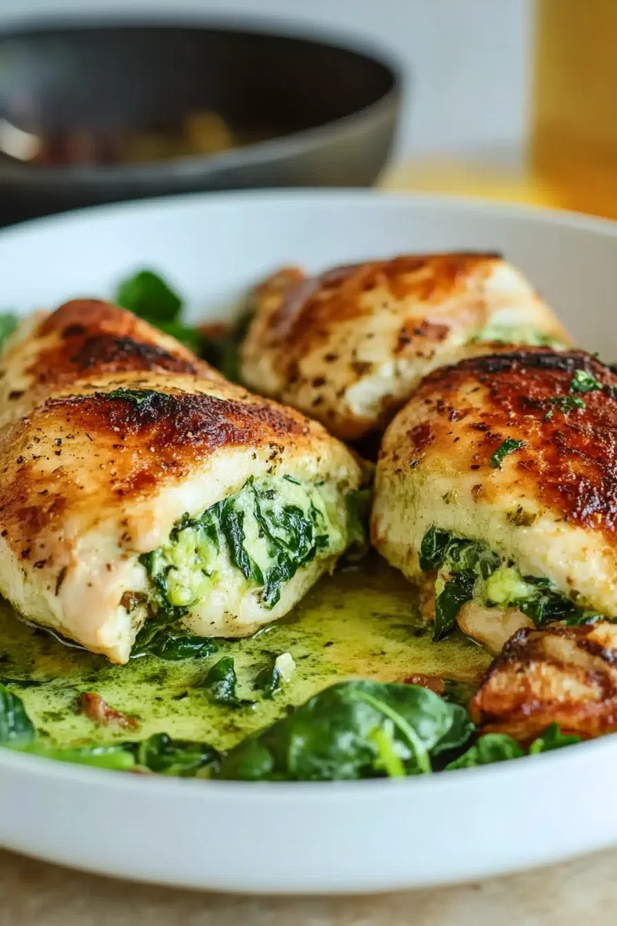 Melted cheese and spinach peeking out from a juicy, pan-seared chicken breast.