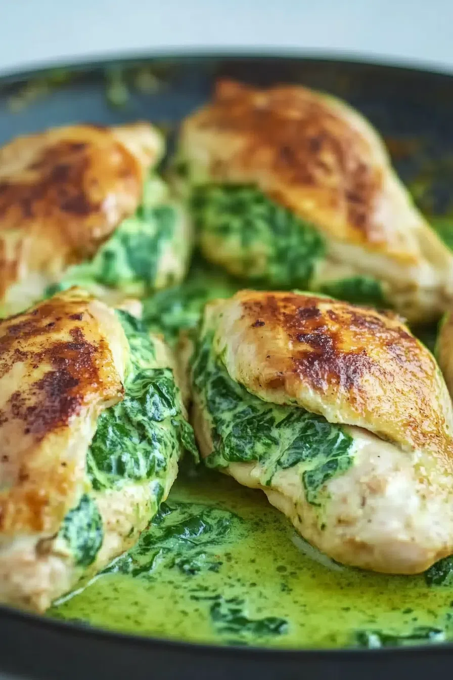 Golden-brown chicken breast sliced open to reveal a creamy spinach filling.