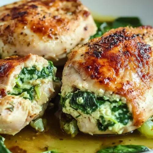 Close-up of a juicy, pan-seared chicken breast stuffed with cheese and spinach.