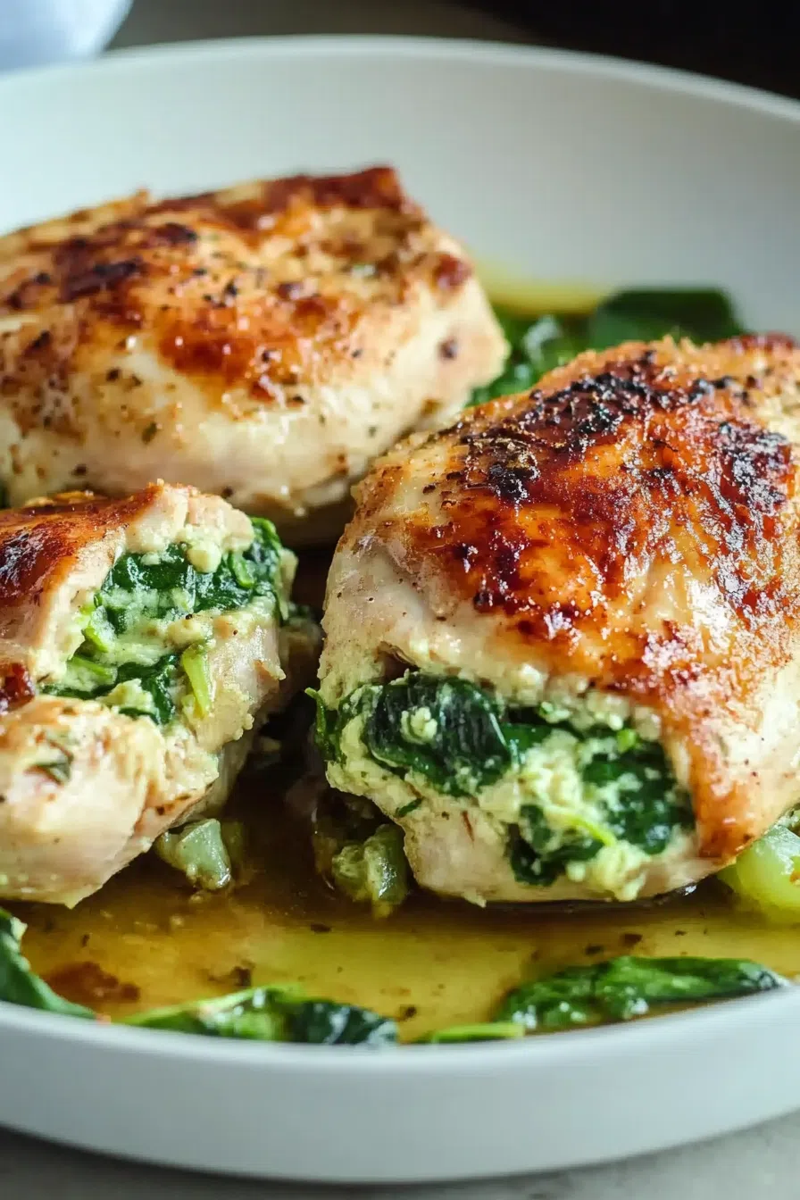 Close-up of a juicy, pan-seared chicken breast stuffed with cheese and spinach.