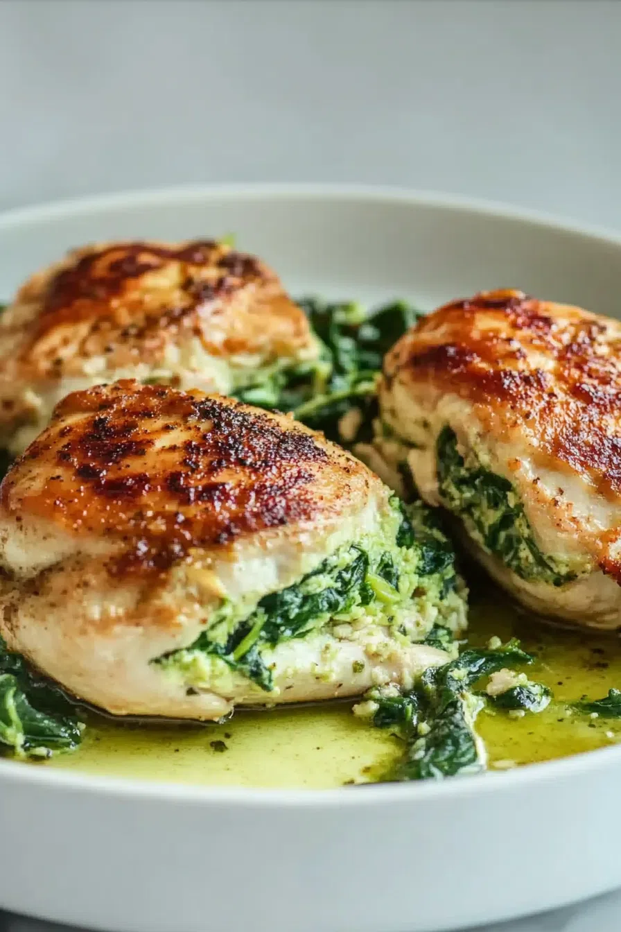 A plated dish featuring stuffed chicken with a side of roasted vegetables.