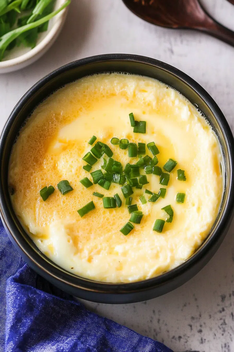 A bowl of fluffy steamed eggs garnished with chopped green onions.