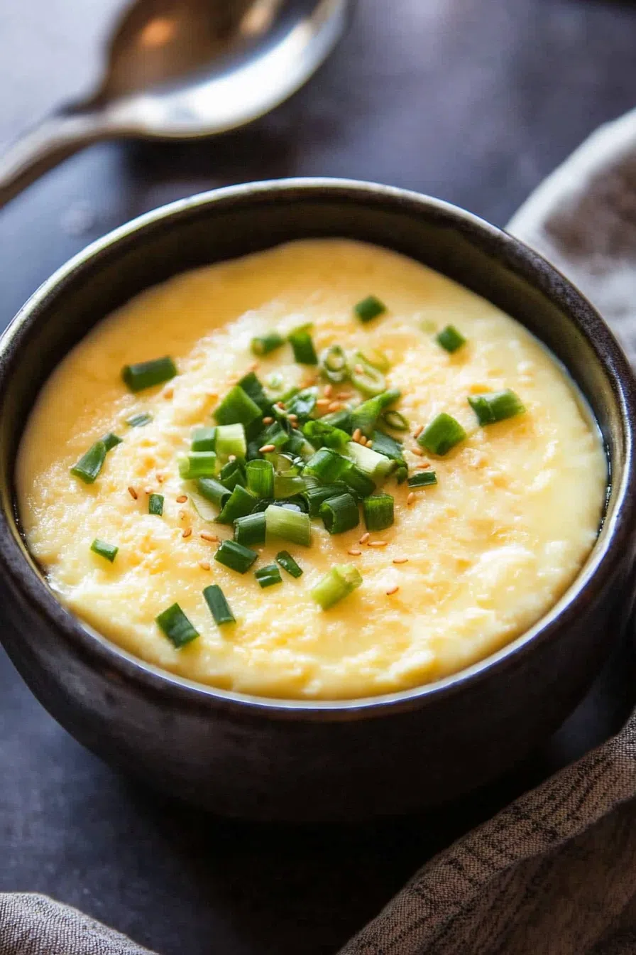 Steamed eggs dish topped with a dash of soy sauce and chopped chives.