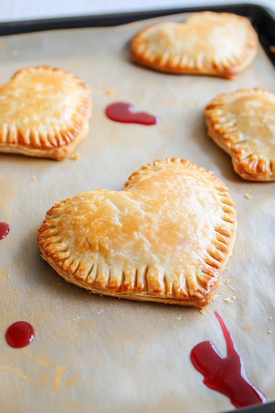 A beautifully styled heart-shaped strawberry hand pies, dusted lightly with sugar, ready to be served as a sweet treat.
