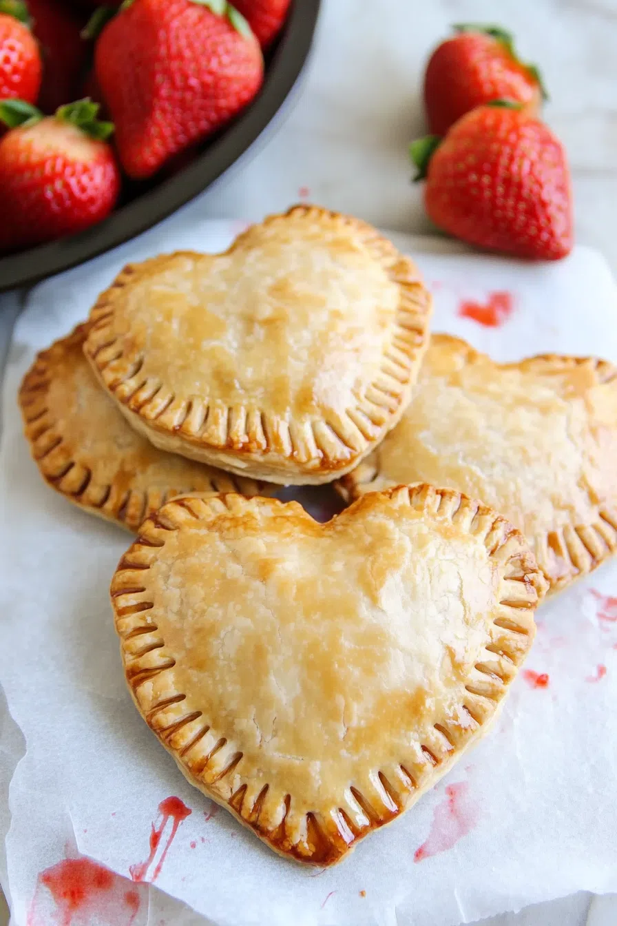 A stack of heart-shaped hand pies with a bite taken out of one, revealing the gooey and vibrant strawberry filling inside the flaky pastry.