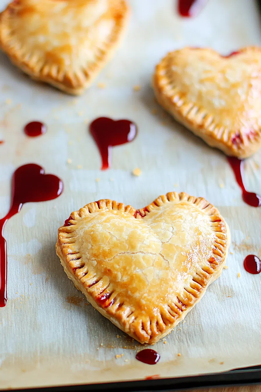 Golden, heart-shaped hand pies with a glossy finish, showcasing their flaky crust and vibrant strawberry filling peeking through small heart cutouts.
