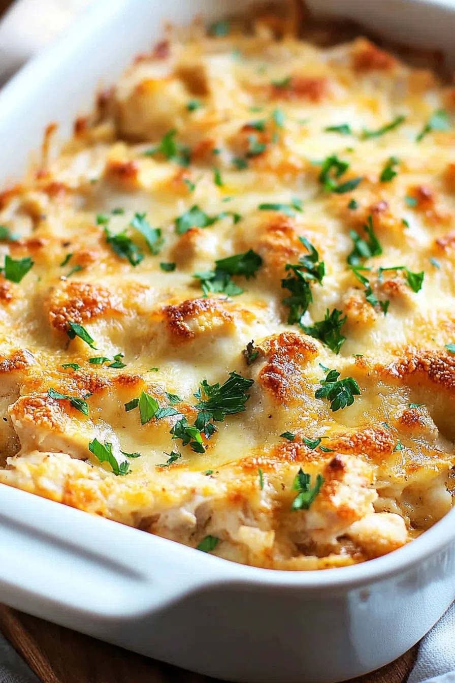 Close-up of a bubbly, golden-brown casserole fresh out of the oven.