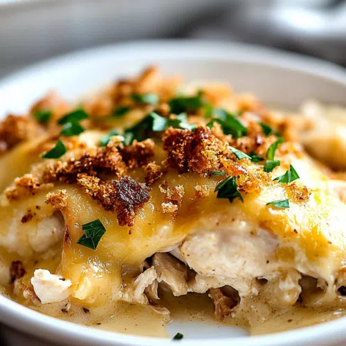 Overhead shot of a comforting, cheesy chicken bake in a rustic dish.