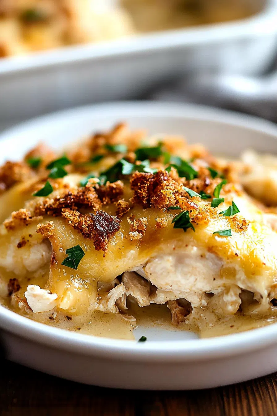 Overhead shot of a comforting, cheesy chicken bake in a rustic dish.