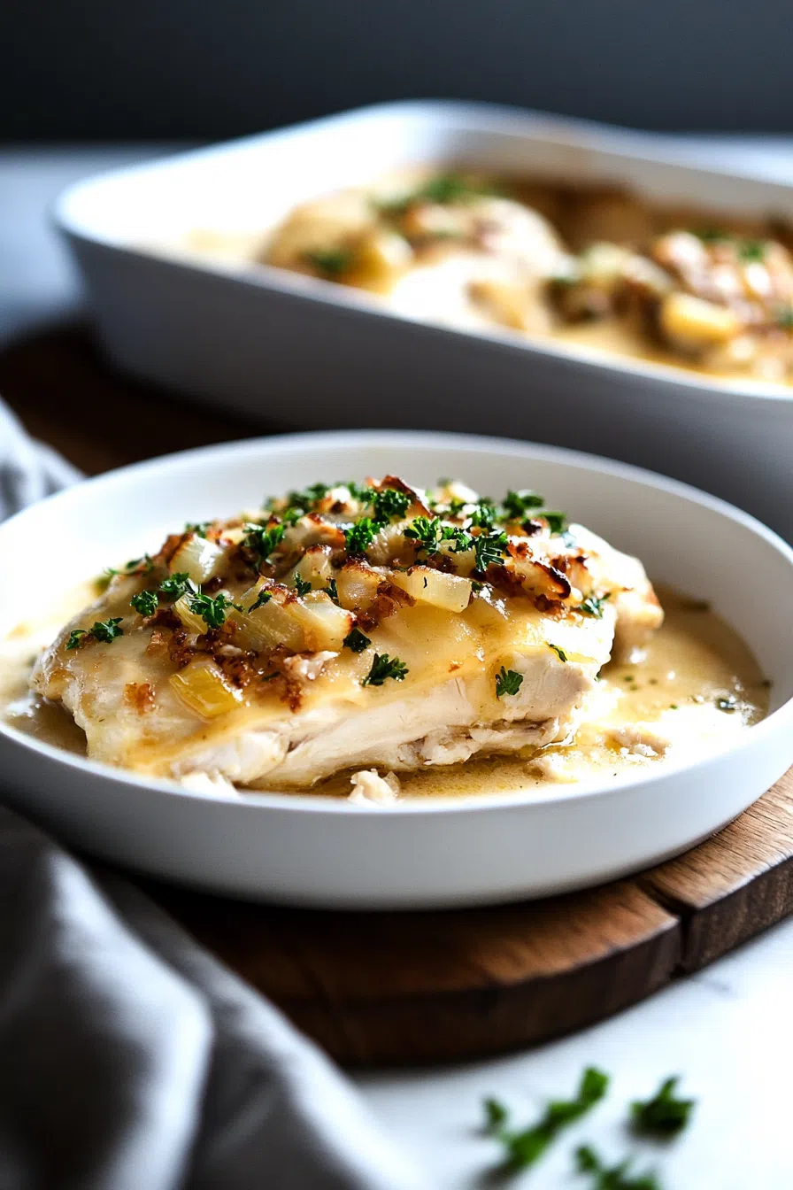 A hearty serving of creamy baked casserole on a plate, ready to enjoy.