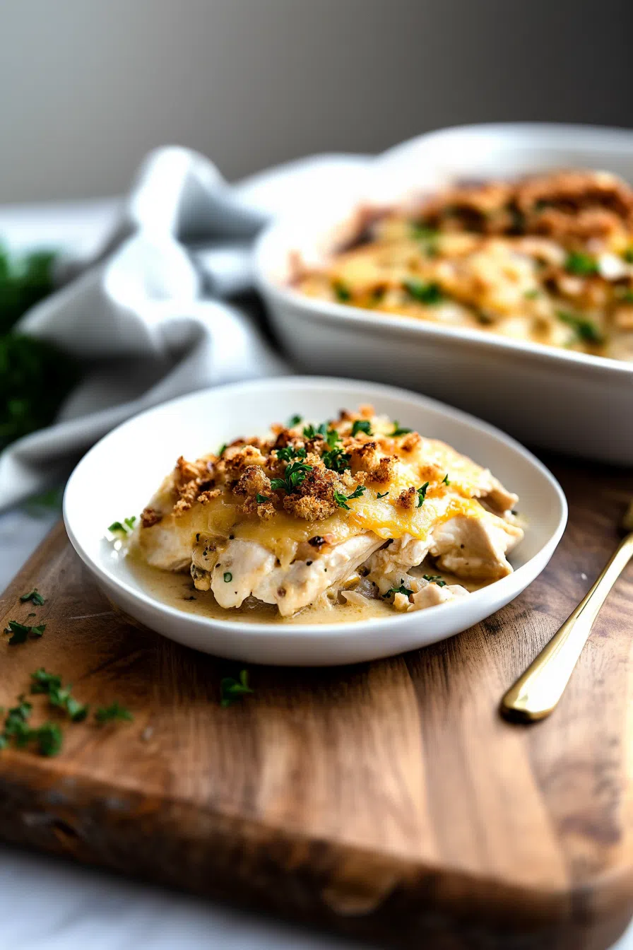 A serving of creamy, layered chicken casserole on a plate with a fork.