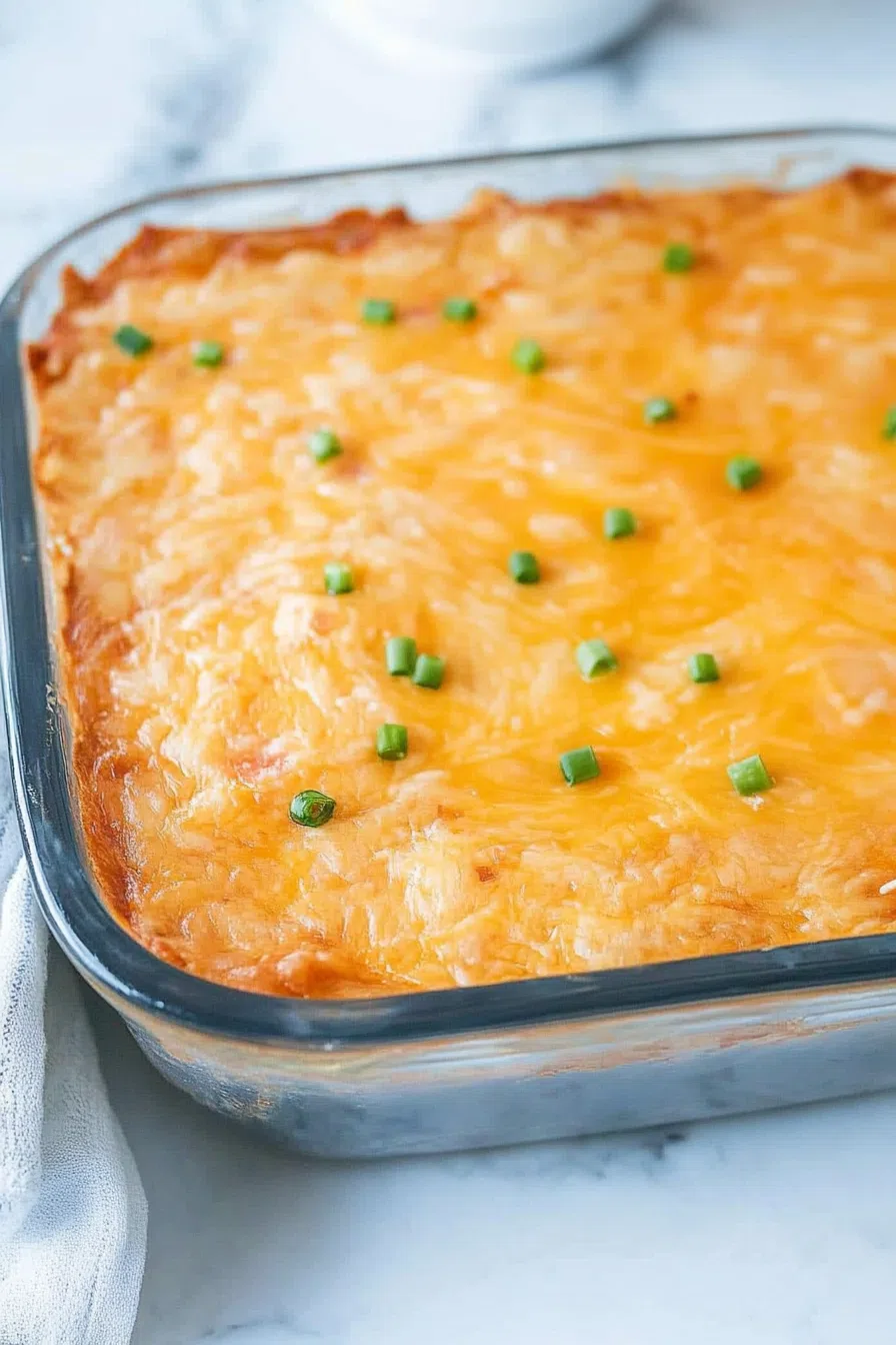 A close-up of a creamy, cheesy dip with a golden, bubbly top.