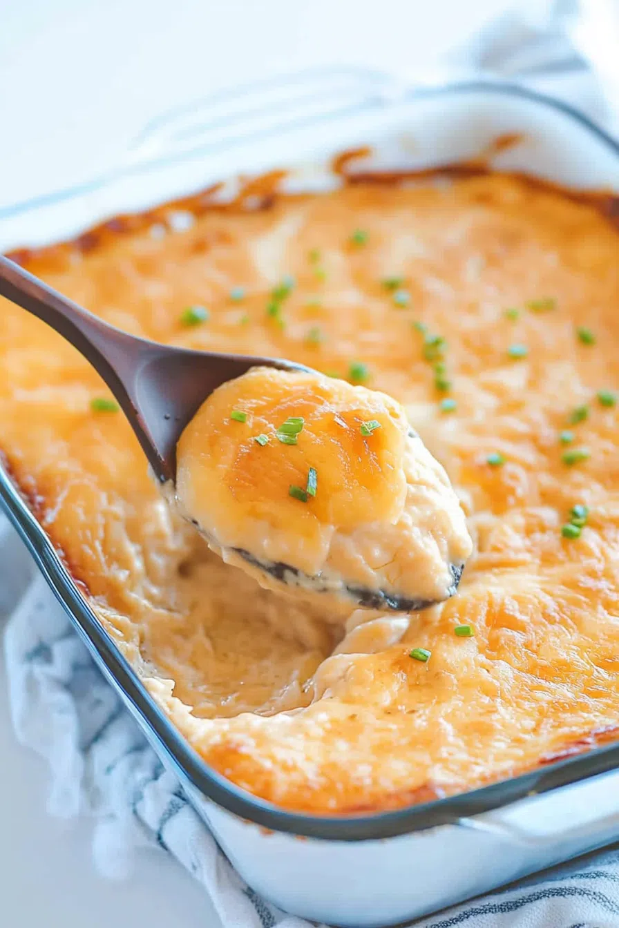 A spoon lifting a cheesy, savory dip with a golden-brown top.