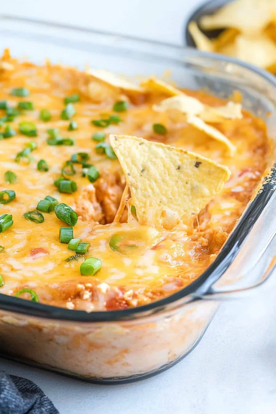 A tortilla chip scooping up a creamy, melted cheese dip.