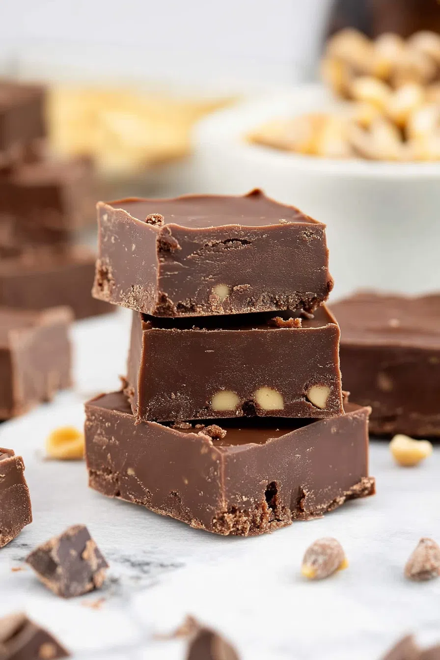 Glossy fudge squares with a creamy texture on a marble surface.