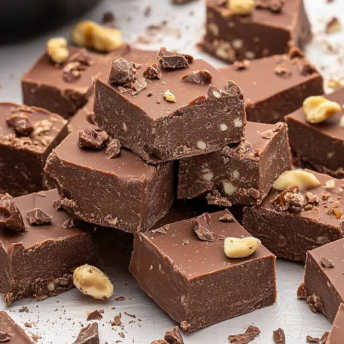 Pile of thick, chocolate fudge squares with a velvety texture.