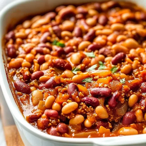 A rustic casserole dish filled with a blend of beans, topped with caramelized sauce.