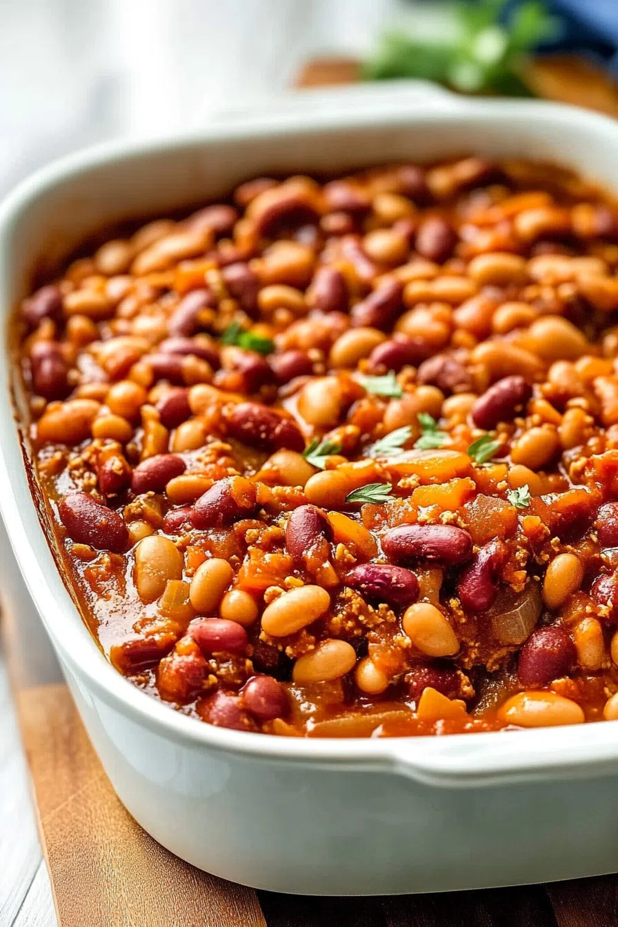 A rustic casserole dish filled with a blend of beans, topped with caramelized sauce.