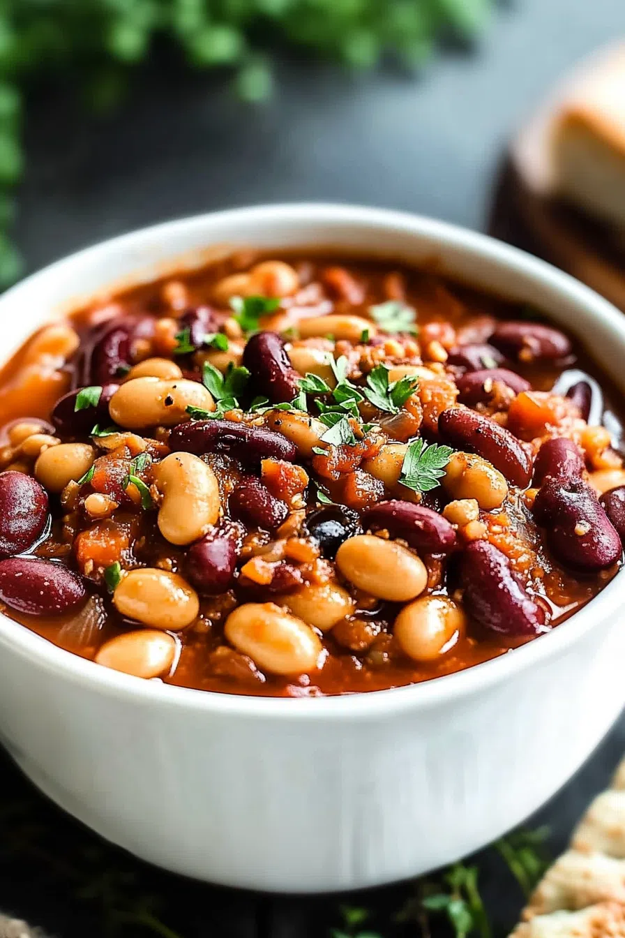 A golden-brown, freshly baked casserole with tender beans and a glossy glaze.
