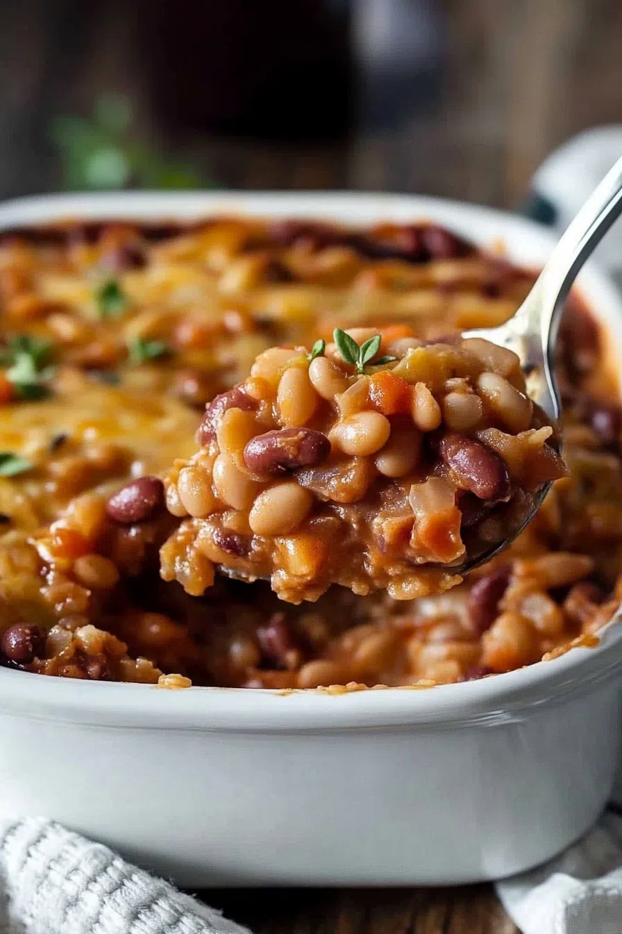 A hearty baked dish with a mix of beans in a rich, savory sauce.