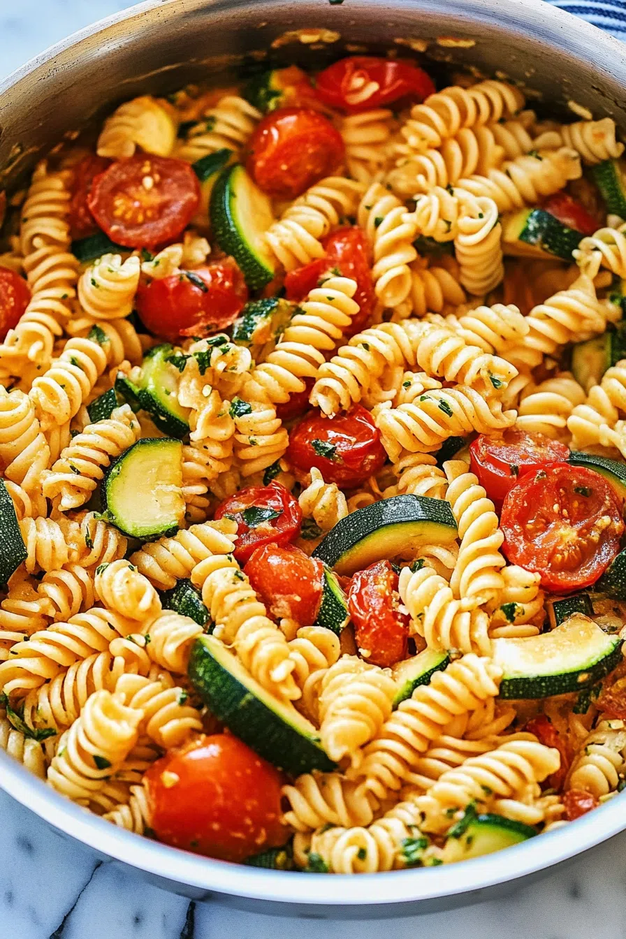 Pasta dish topped with zucchini, tomatoes, and a drizzle of olive oil.