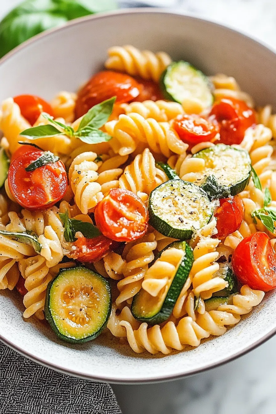 Bowl of pasta garnished with fresh basil and grated cheese.