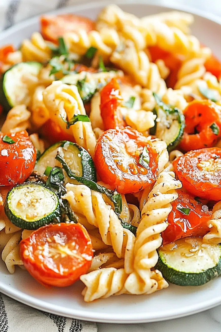 Plate of pasta with zucchini slices and cherry tomatoes.