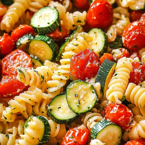 Close-up of pasta with sautéed zucchini and tomatoes.
