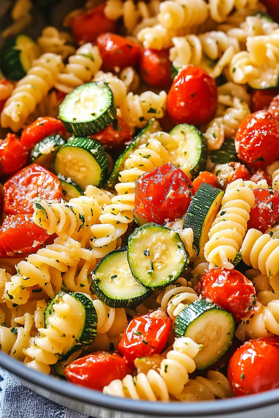 Close-up of pasta with sautéed zucchini and tomatoes.