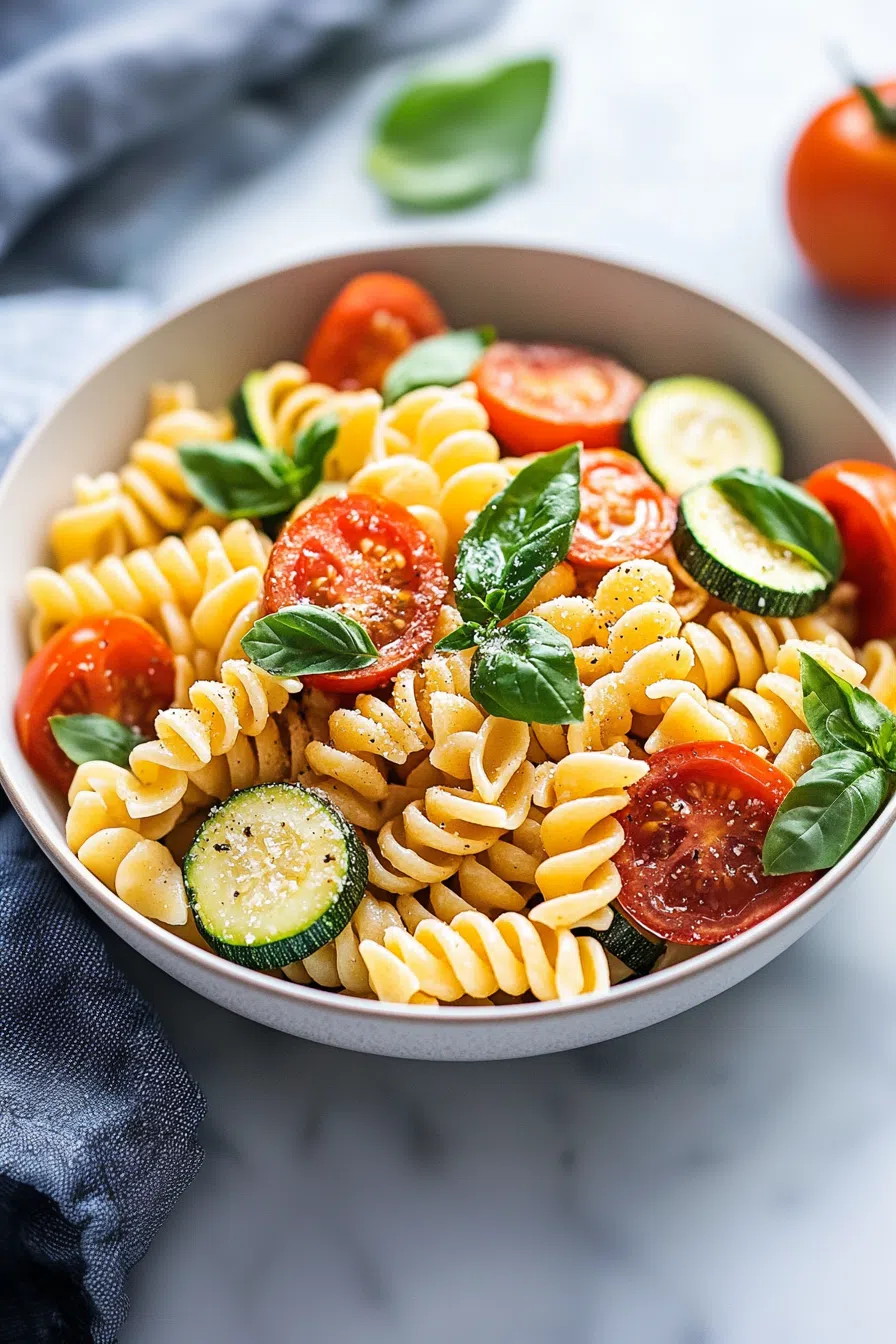 Bowl of pasta mixed with zucchini and tomatoes, topped with herbs.