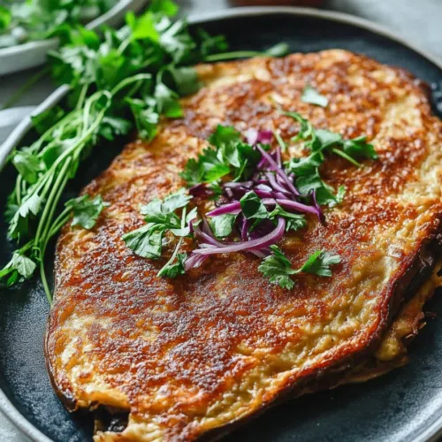 Golden eggplant omelette on a white plate, served with a side of dipping sauce