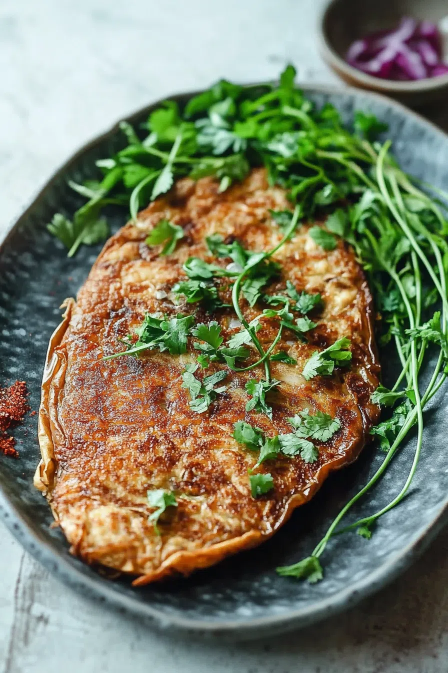 A golden-brown eggplant omelet served on a rustic plate.