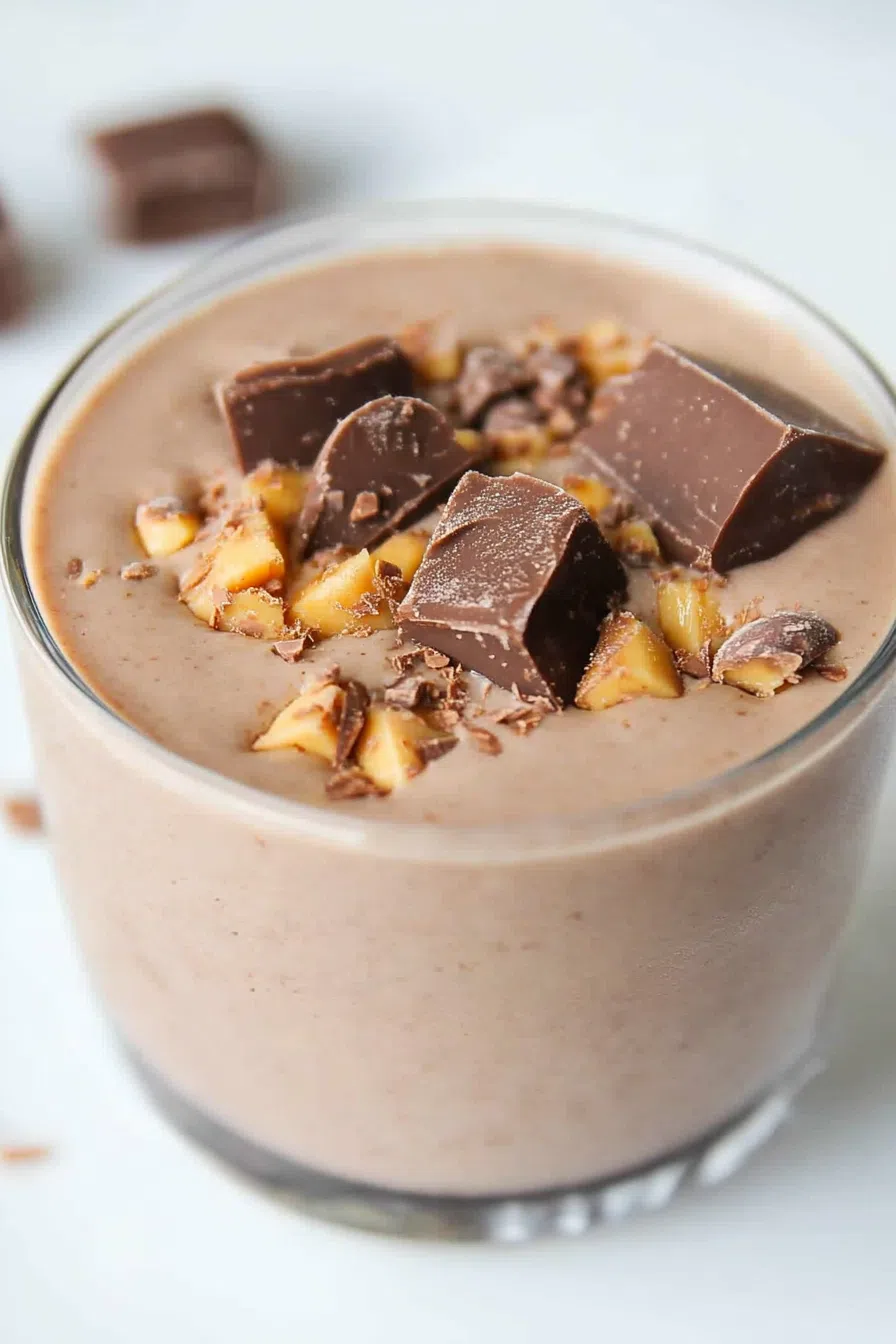 Glass of creamy chocolate and peanut butter smoothie with a swirl on top.