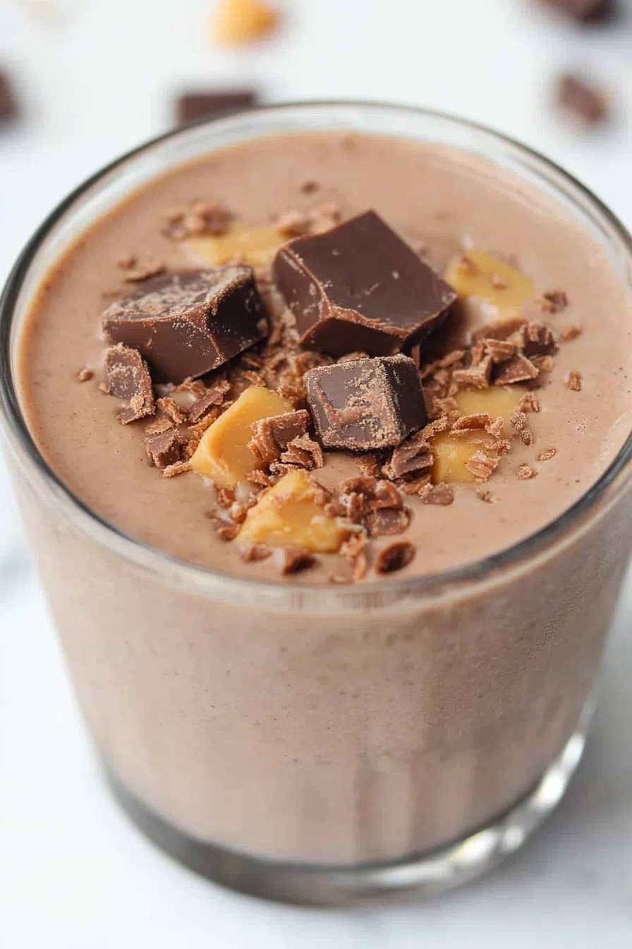 Close-up of a thick, rich smoothie garnished with a dollop of whipped cream.