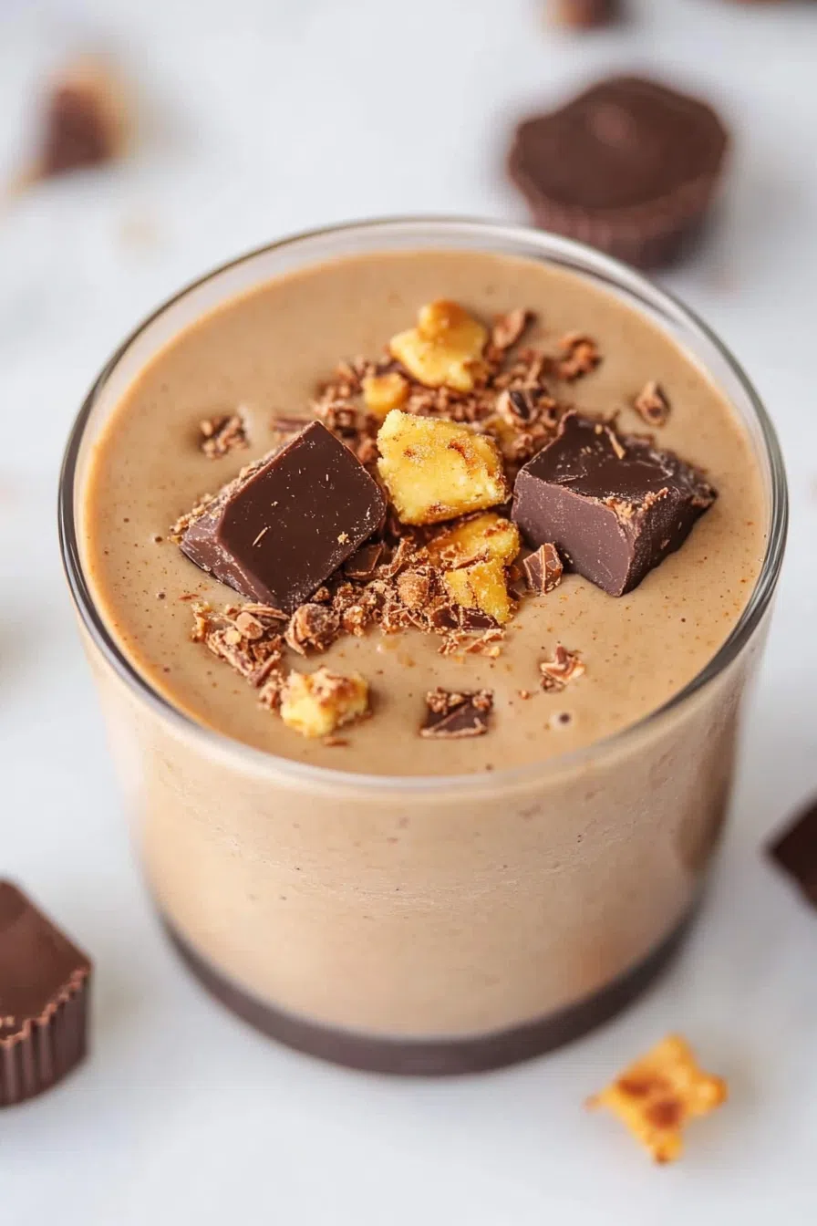 Peanut butter cup smoothie served in a glass with a chocolate drizzle.
