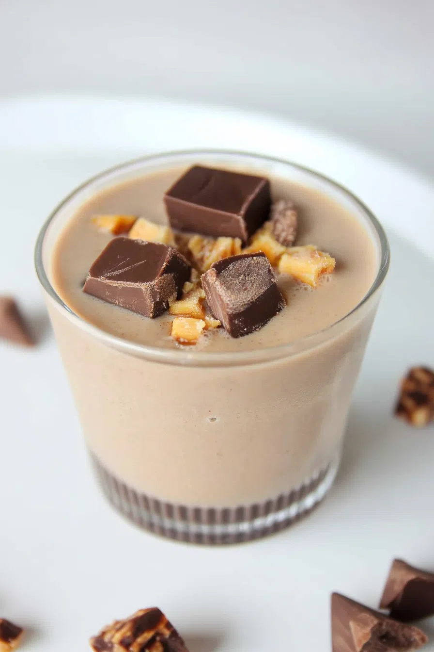 Refreshing chocolate and peanut butter smoothie with a straw, ready to be enjoyed.