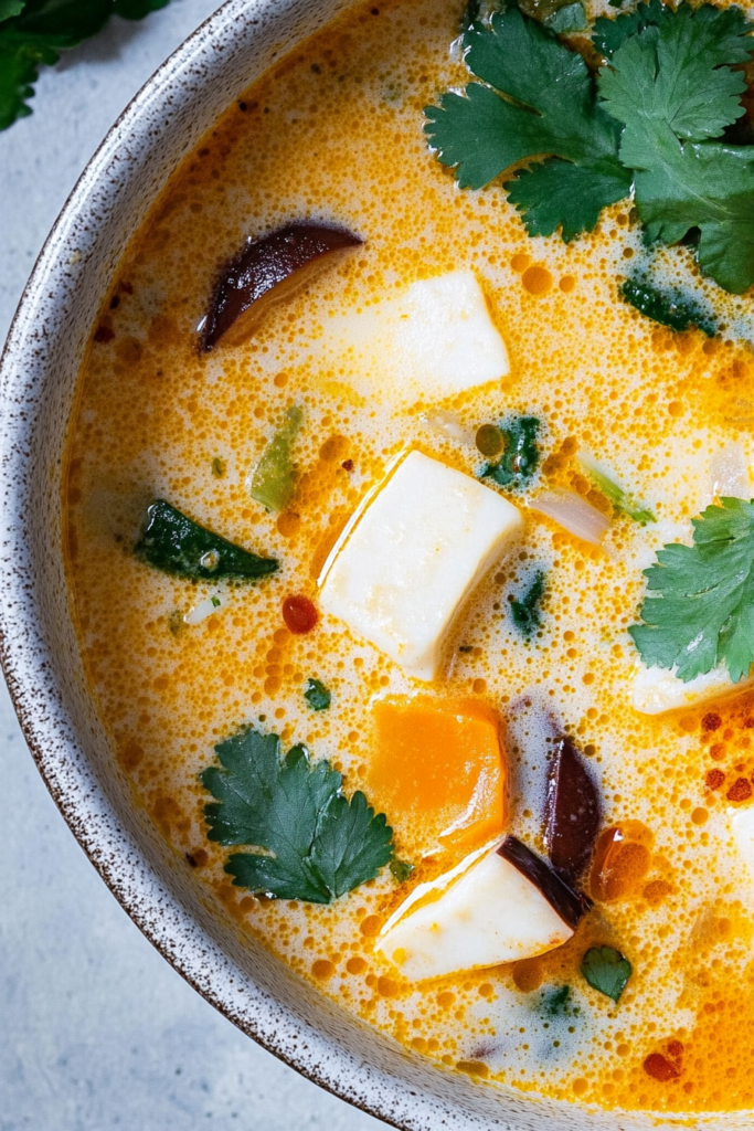 A creamy coconut-based soup with mushrooms and fresh herbs in a bowl.