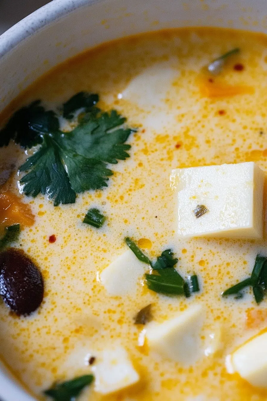 A close-up of a rich, aromatic soup with fresh vegetables and herbs.