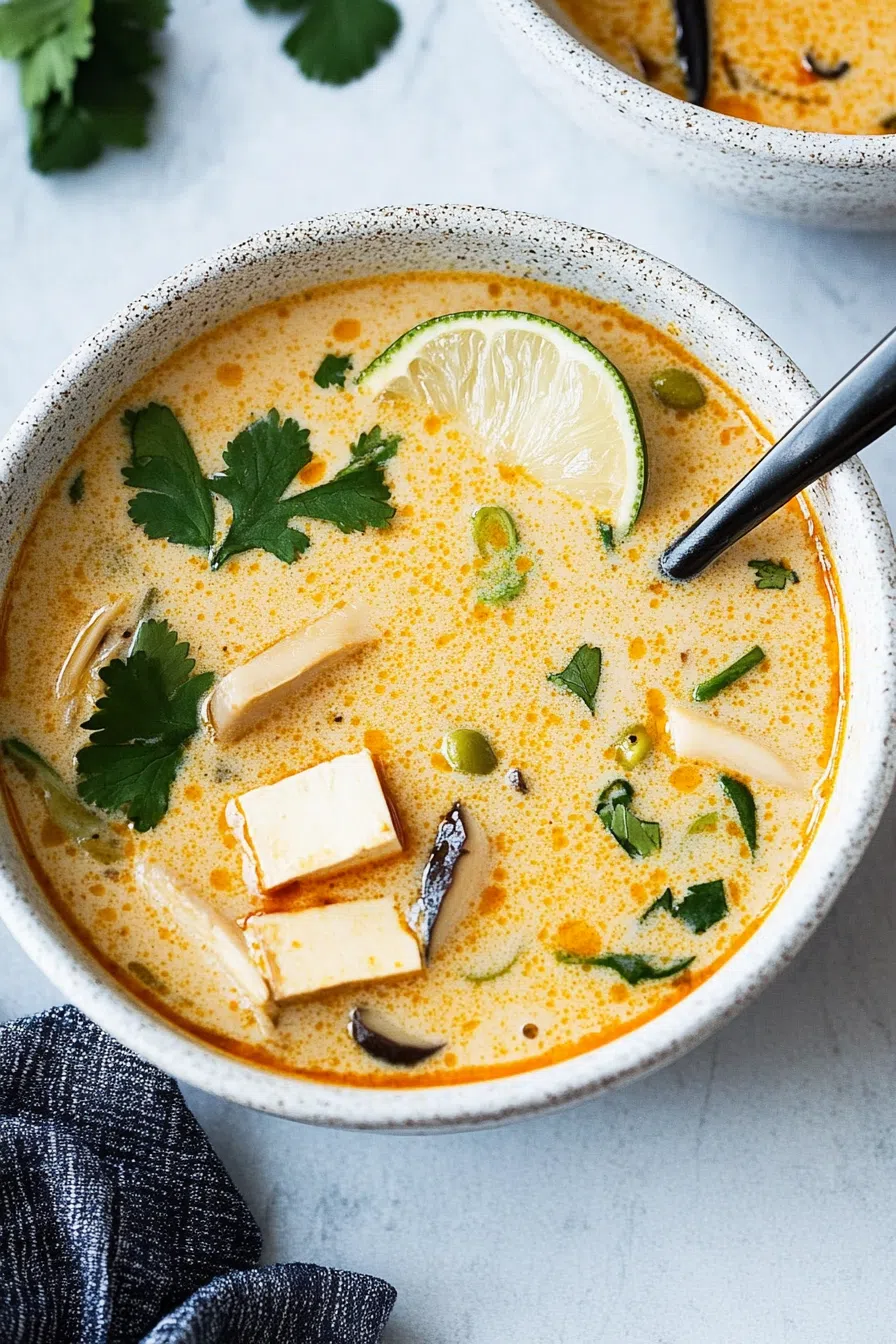 A vibrant bowl of soup garnished with lime wedges and chili flakes.