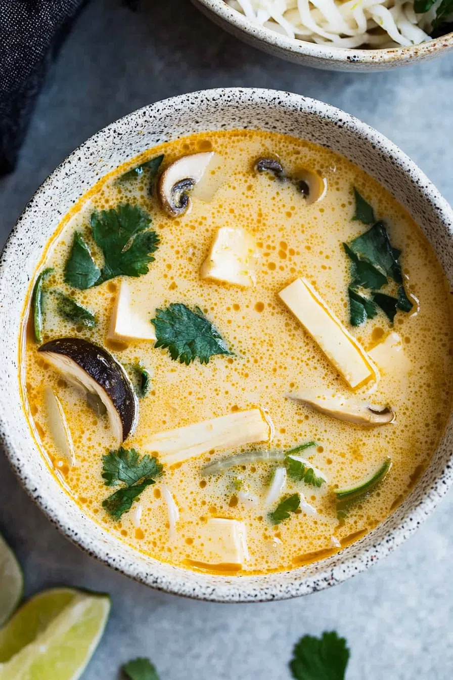 A bowl of creamy soup with mushrooms and fresh cilantro.