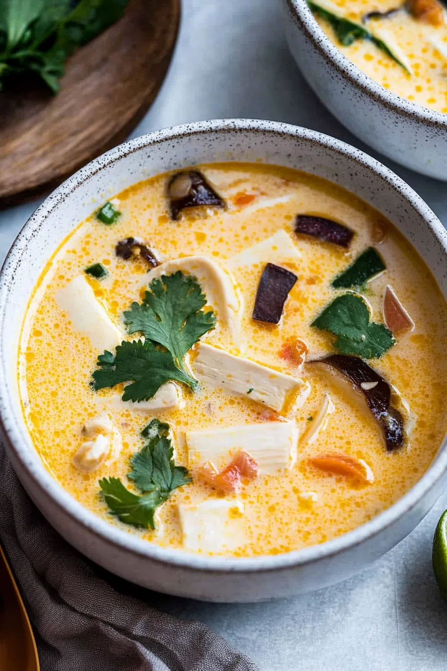 A bowl of warm, comforting soup with a mix of colorful ingredients.