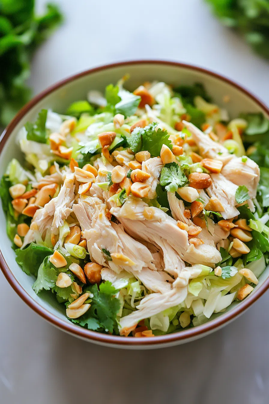 Shredded chicken mixed with cabbage, carrots, and herbs in a white bowl
