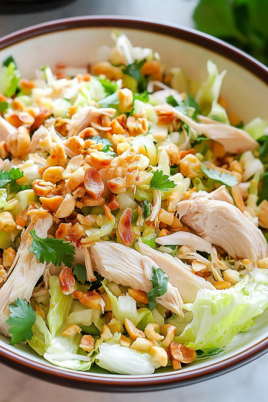 A bowl of shredded chicken with julienned vegetables and fresh herbs.