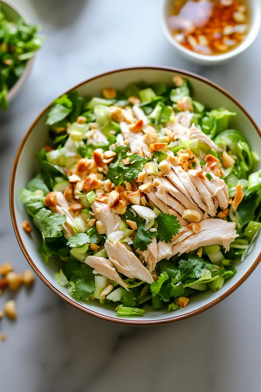 A plate of chicken salad garnished with mint leaves and sesame seeds.