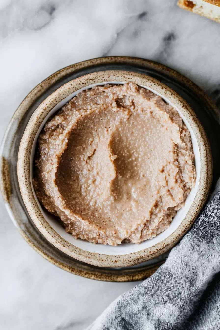 Close-up of a smooth pate spread with a rich texture.