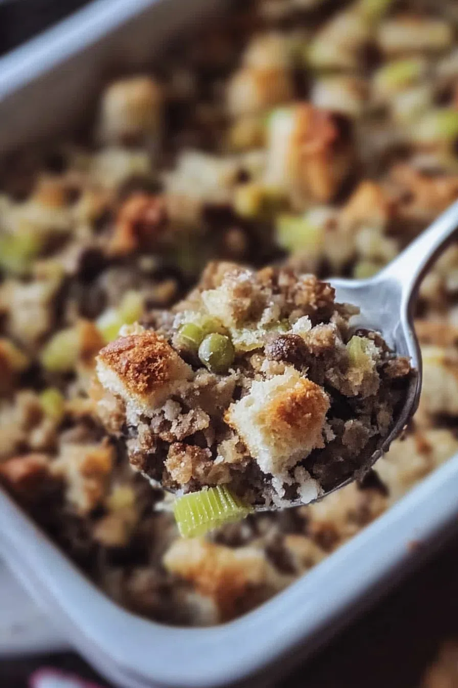 A spoon scooping up a portion of savory stuffing from a casserole dish.