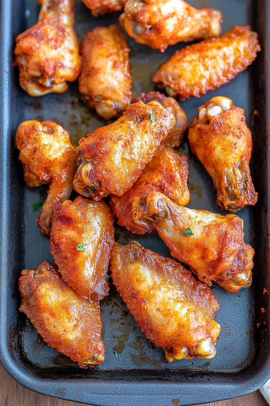 A plate of crispy chicken wings coated in a spicy red sauce.
