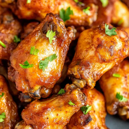 Close-up of glazed chicken wings with seasoning.