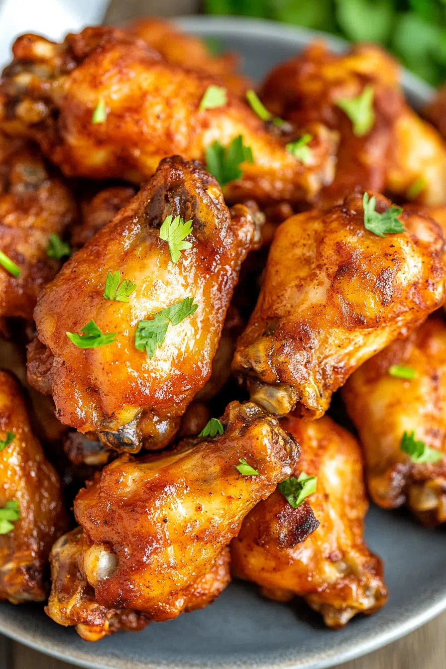Close-up of glazed chicken wings with seasoning.